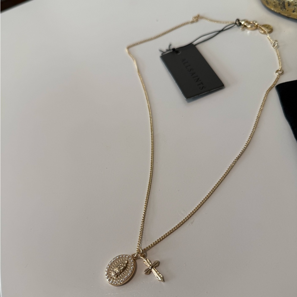 New With Tags! All Saints Gold Cross + Virgin Mary Medallion Adjustable Necklace - Picture 2 of 5